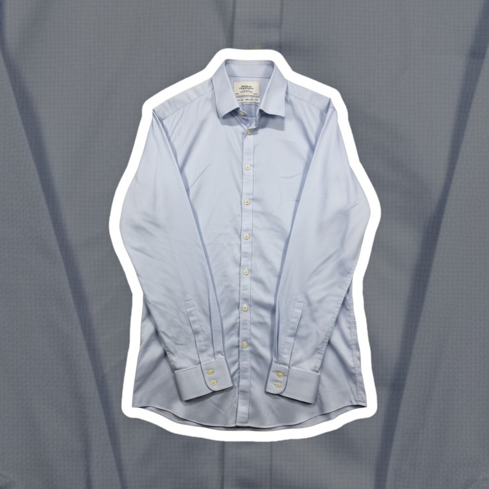 Charles Tyrwhitt Dress Shirt 16/34 Blue White Micro Pattern Slim Fit Cotton Mens